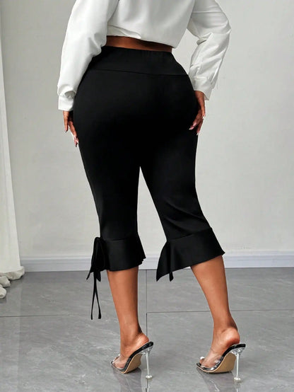 Plus Size Women's High Waist Capri Pants with Ruffle Hem & Tie Detail