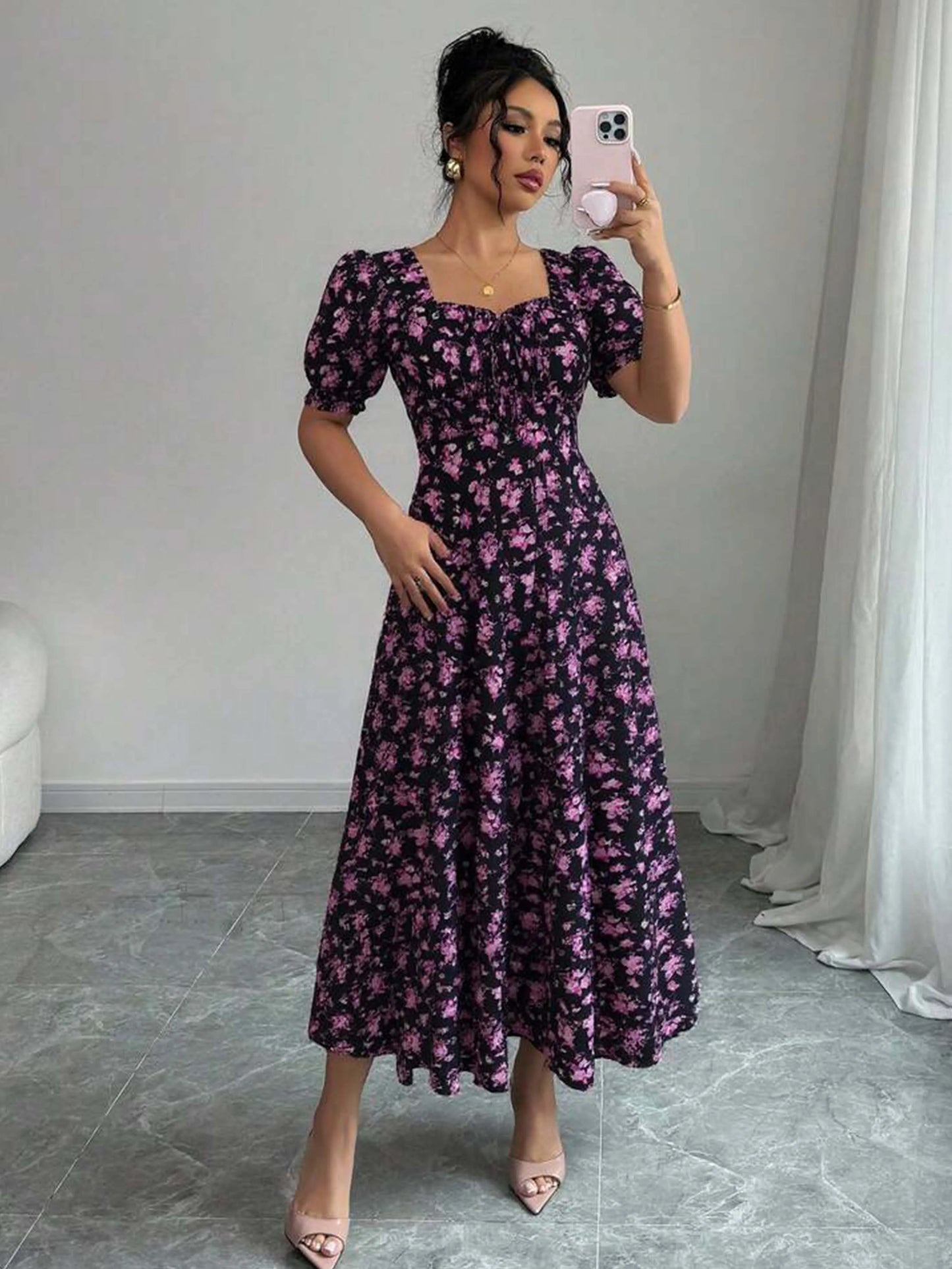 Women's Summer Maxi Dress Elegant Casual Puff Sleeve Square Neck Black Floral Print Long Evening Gown for Women