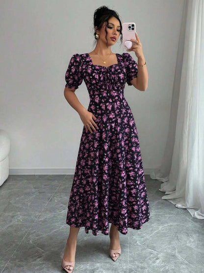 Women's Summer Maxi Dress Elegant Casual Puff Sleeve Square Neck Black Floral Print Long Evening Gown for Women