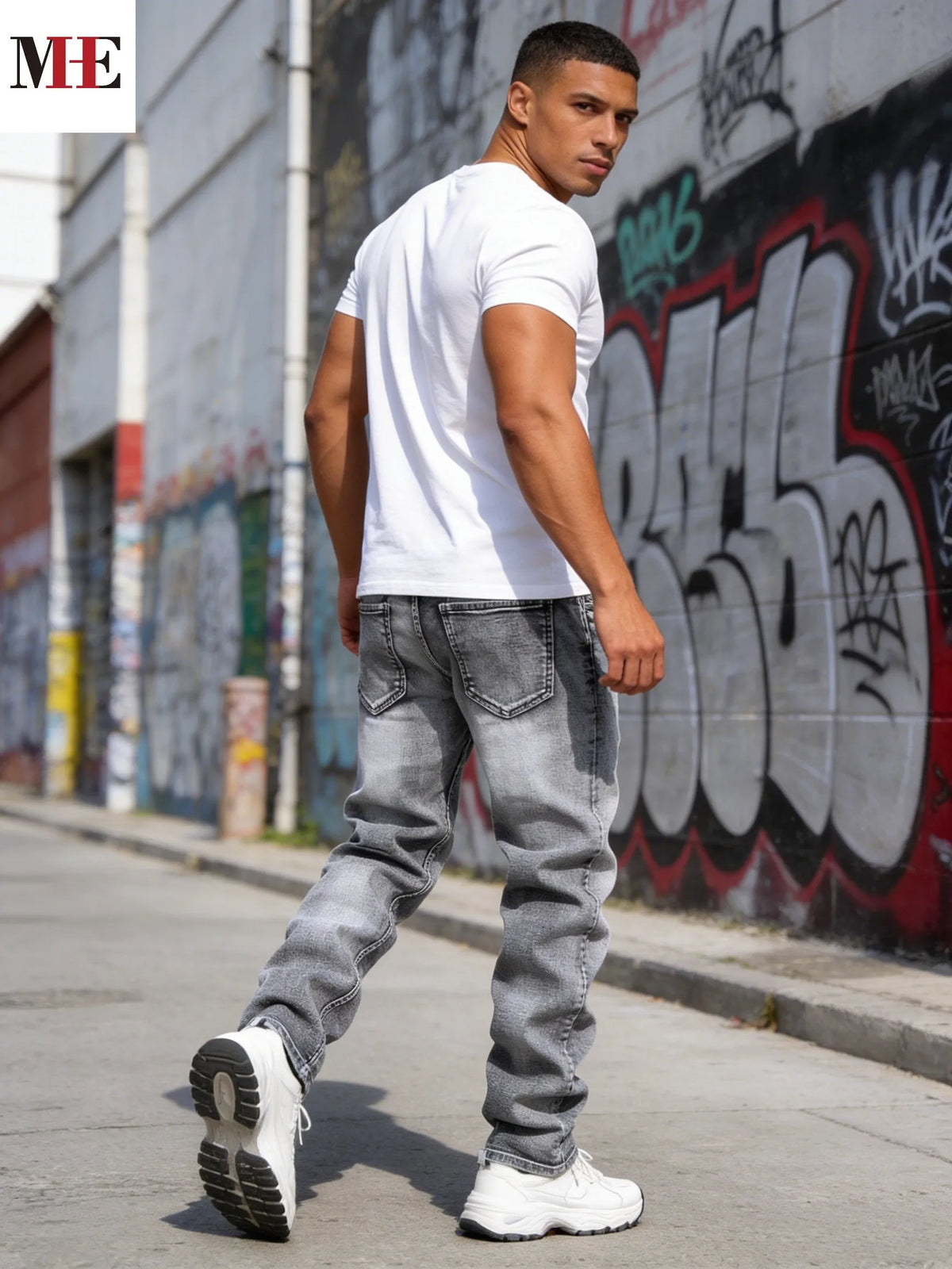 【HME】Men's jeans | Minimalist retro street grey washed denim pants with well-proportioned slim straight cut, wear-resistant breathable denim cloth, timeless basic design, essential wardrobe pants for men's everyday casual