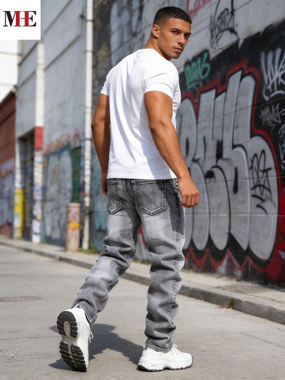 【HME】Men's jeans | Minimalist retro street grey washed denim pants with well-proportioned slim straight cut, wear-resistant breathable denim cloth, timeless basic design, essential wardrobe pants for men's everyday casual