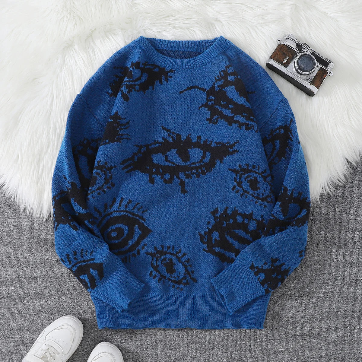 New Trendy Autumn and Winter Abstract Eye Jacquard Pattern Pullover Sweater Casual Round Neck Knitted Men's Pullover