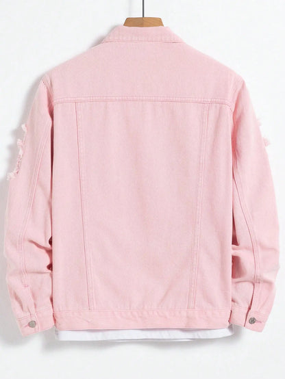 Men's denim jacket for spring and autumn. Pink ripped denim jacket. Daily casual. Fashionable and trendy.