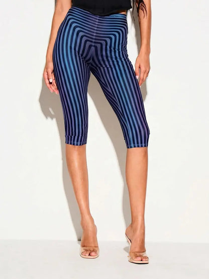 KIZN Striped Mesh Capri Leggings With High Waist Illusion Print Fitted Cropped Style