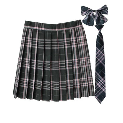 Women Summer Plaid Pleated Skirt With Necktie Bowtie Korean Jk Skirt Uniform Japanese School Preppy A Line Mini Skirts