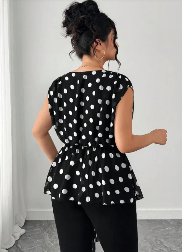 Plus Size Women's Black and White Polka Dot Peplum Shirt Top, Chiffon Sleeveless V-Neck Wrap Irregular Blouse with Drape Ties,