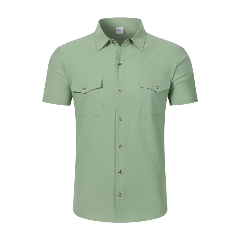 2026 Men's Short Sleeve Linen Blend Shirt Solid Color Loose Casual Tops royal pop swatch devocional café com deus pai Style