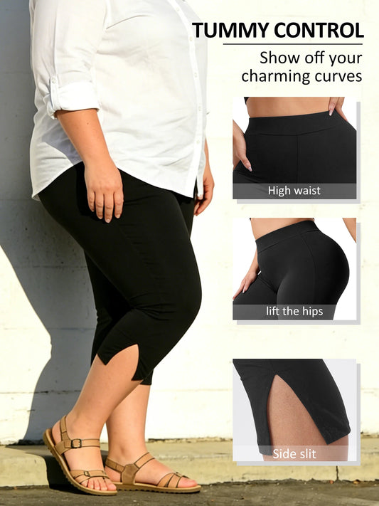 Women's Plus Size Capri Leggings High Waist Tummy Control, Stretchy Yoga Workout Pants (XL-5X) - Capri Split Hem Pants Plus Size