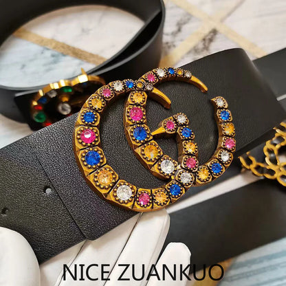 Women's Genuine Leather Belt, High-end European Women's Belt, with Colorful Rhinestones in A Casual Style,