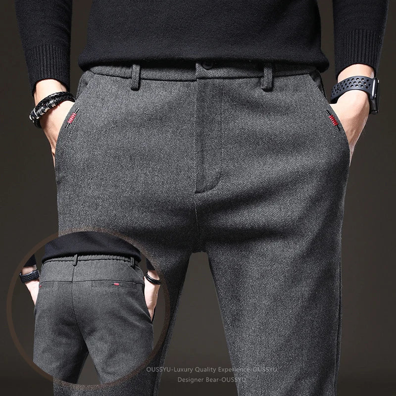 Good Quality Autumn Casual Pants Men Business Slim Elastic Waist Stretch Work Brushed Fabric Blue Trousers Male Brand Clothes