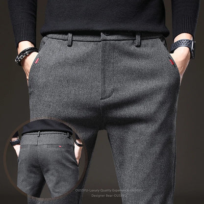 Good Quality Autumn Casual Pants Men Business Slim Elastic Waist Stretch Work Brushed Fabric Blue Trousers Male Brand Clothes