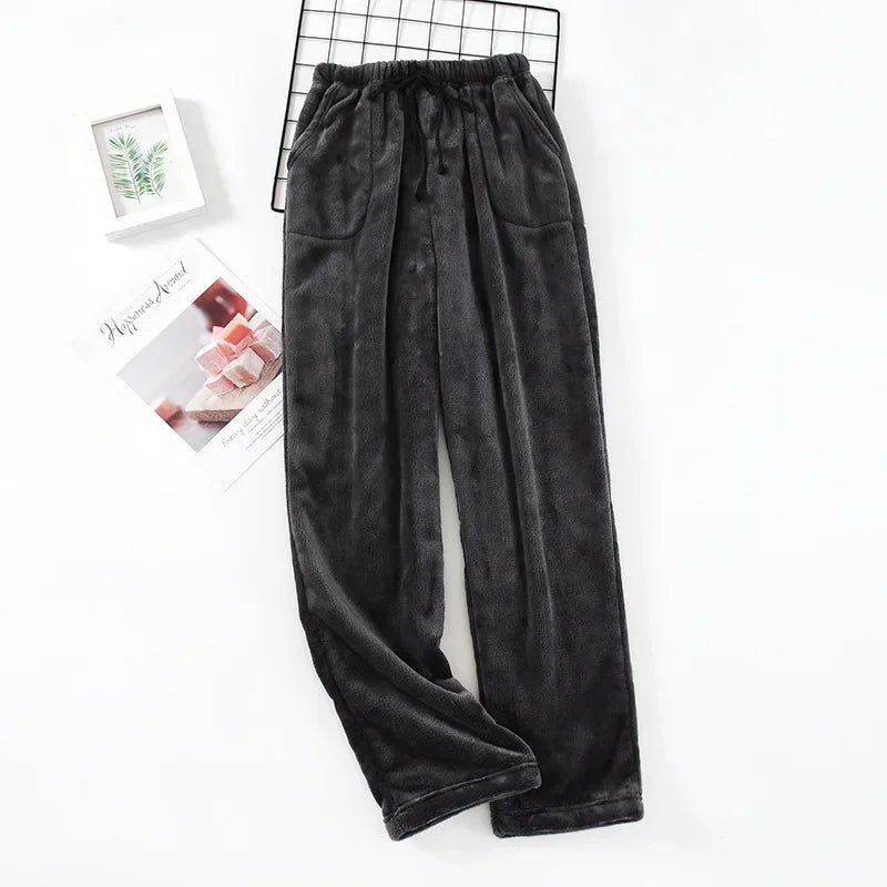 Autumn and Winter Thickened Flannel Pajama Bottoms Pants Men's Thickened Coral Fleece Loose Large Size Warm Homewear Pants