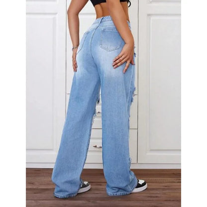Womens Pants Womens Jeans Trendy Light Blue Distressed Baggy Relaxed Fit Wide Leg Denim