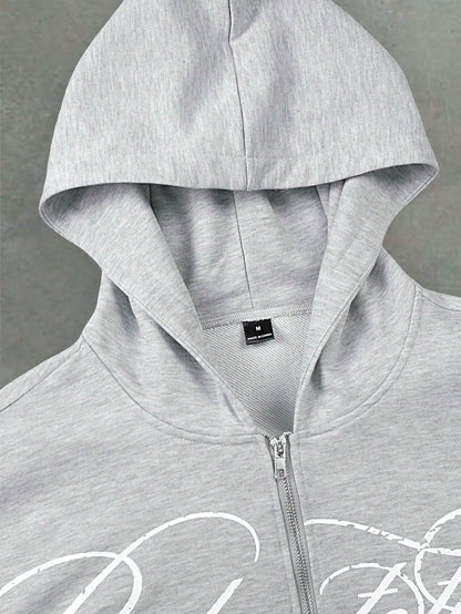 Autumn Streetwear Cropped Zip Up Hoodie Men Letter Graphic Print Front Pocket Oversized Loose Sweatshirt Casual Daily Wear 2026
