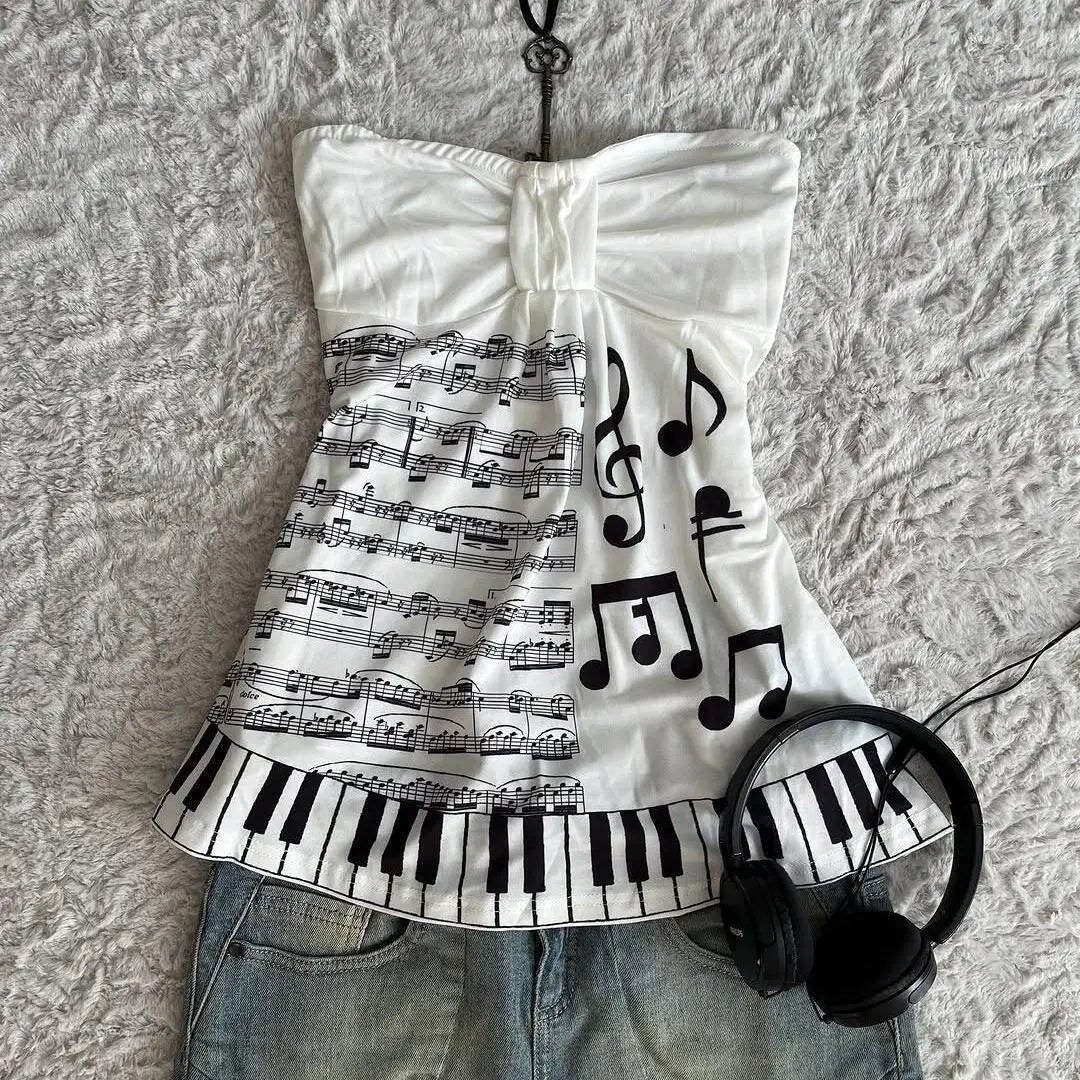 Summer Music Note Piano Key Print Halter Tops Women