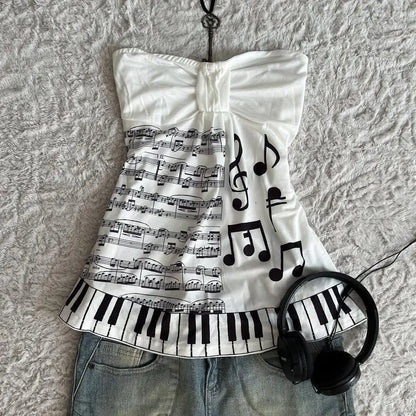 Summer Music Note Piano Key Print Halter Tops Women