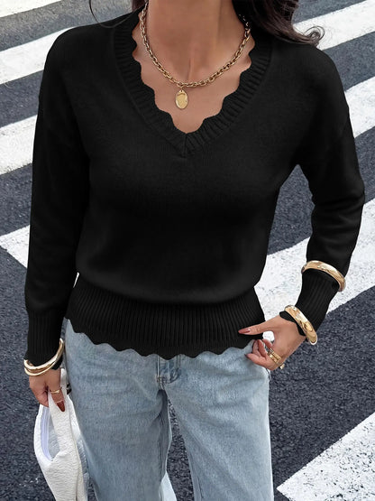 Lightweight Knit Sweaters Top For Women Daily Wear Scallop Edges V Neck Pullover Tops Autumn And Winter Long Sleeved