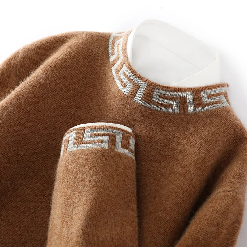 ATTYYWS 100% pure wool men's semi high neck solid color knitted casual business men's long sleeved pullover sweater New product