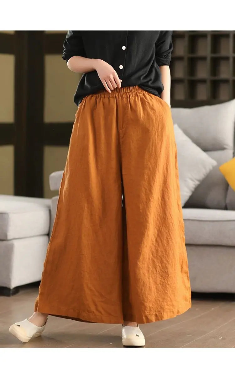 Plus Size Women's Casual Retro Elastic Waist Wide Leg Women's Clothing Cotton Linen Comfortable Office Lady