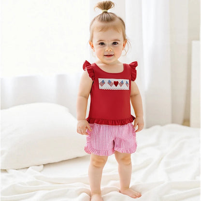 Infant Girl s Patriotic Outfit Red White Blue American Flag Heart Embroidered Flutter Sleeve Top Plaid Ruffle Shorts Set for