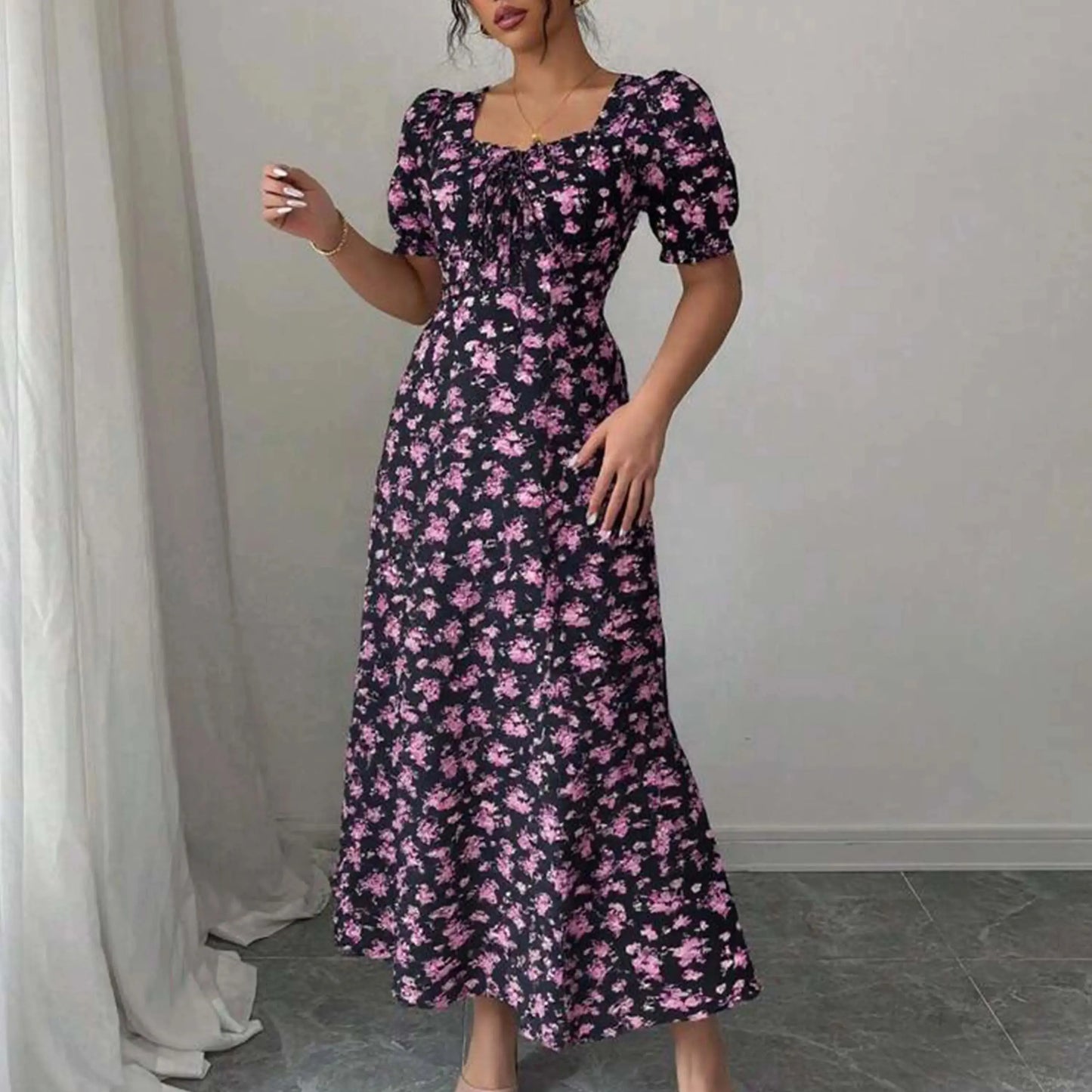Women's Summer Maxi Dress Elegant Casual Puff Sleeve Square Neck Black Floral Print Long Evening Gown for Women