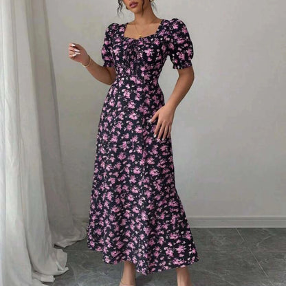 Women's Summer Maxi Dress Elegant Casual Puff Sleeve Square Neck Black Floral Print Long Evening Gown for Women