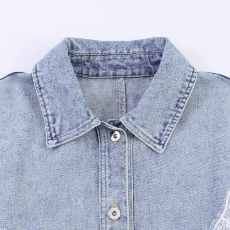 Women Spring Lace Patchwork Denim Jacket Lapel Collar Single Breasted Long Sleeve Loose Cropped Jean Coat Casual Fashion