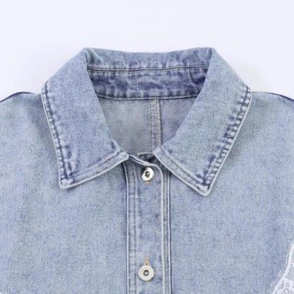 Women Spring Lace Patchwork Denim Jacket Lapel Collar Single Breasted Long Sleeve Loose Cropped Jean Coat Casual Fashion
