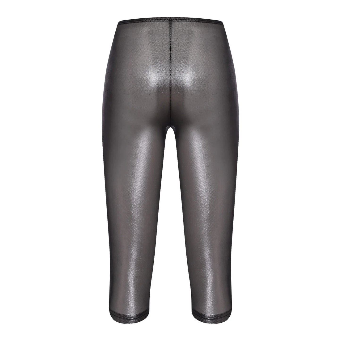 Womens Metallic Shiny Slim Fit Capri Pants Semi-transparent Capri Leggings Elastic High Waist Tights Shiny Cover-up Rave Pants