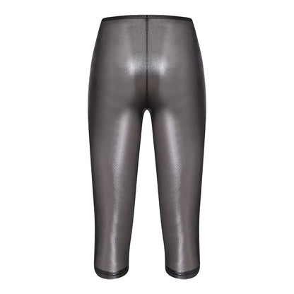 Womens Metallic Shiny Slim Fit Capri Pants Semi-transparent Capri Leggings Elastic High Waist Tights Shiny Cover-up Rave Pants