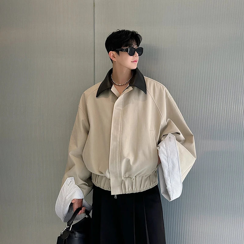 Spring 2025 Men's Cotton Flannel Jacket with Collar Patchwork Color Block Plaid Loose Fit Long Sleeve Zipper Closure Outerwear