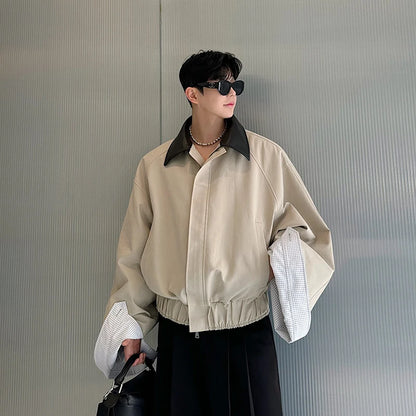 Spring 2025 Men's Cotton Flannel Jacket with Collar Patchwork Color Block Plaid Loose Fit Long Sleeve Zipper Closure Outerwear