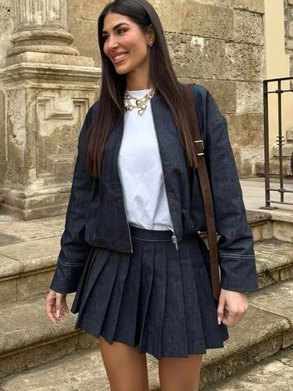 HH New Street Fashion Denim Bomber Jacket For Women Solid Color Stand Collar Zipper With Pocket Balloon Style Causal Coats