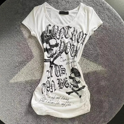 Retro Hot Girl Vintage Punk Rock Short Sleeve Waist Cinched Skull Head Print American Style Top Women's T-shirt Crew Neck