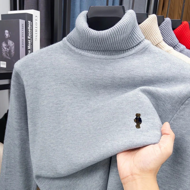 High-End Man Spring Long-Sleeved Knitwear Bear Print High Neck Hot Pullover Versatile Trend Leisure Warm Sweater Men's Clothing