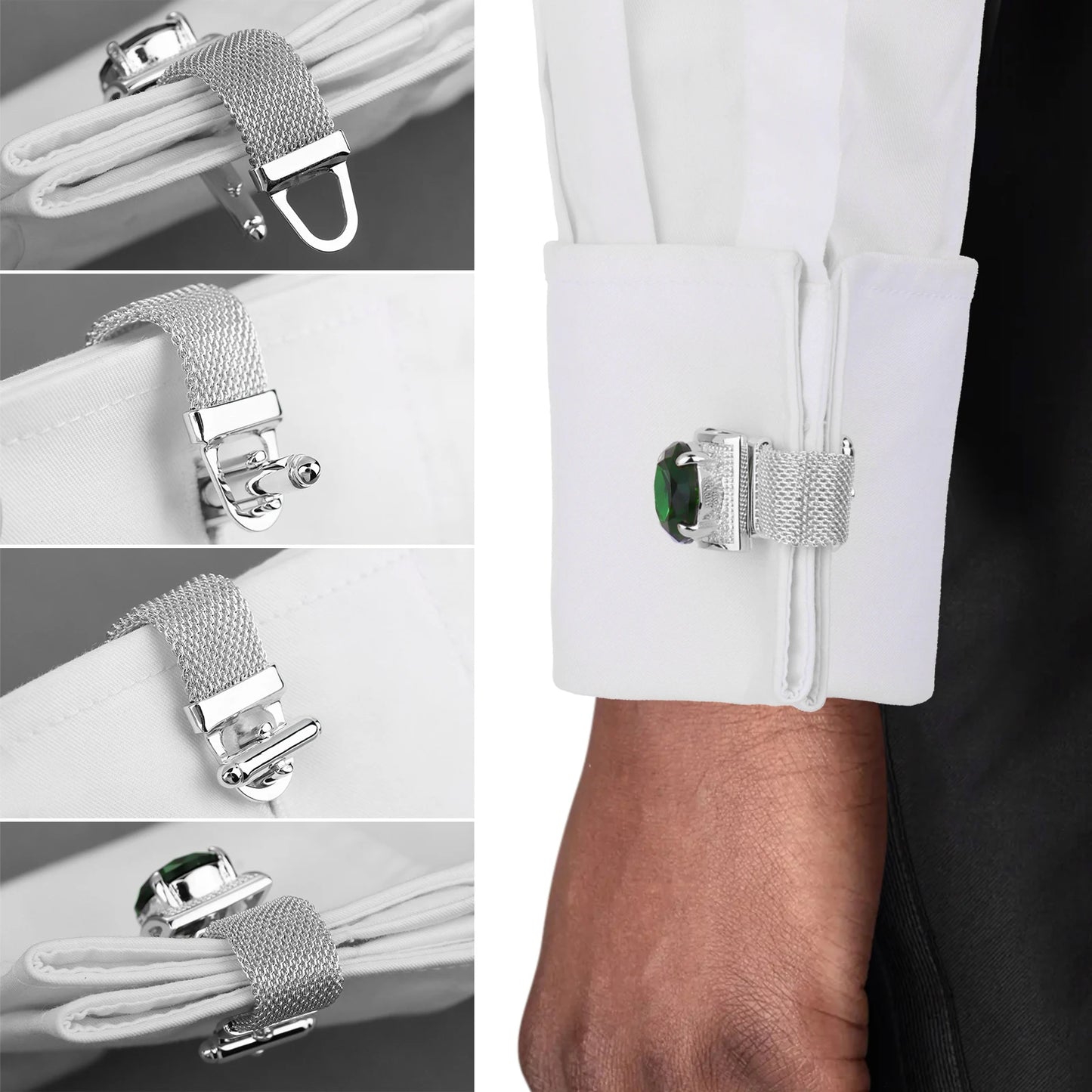 HAWSON Birthstone Crystal Cufflinks for Men Silver Luxury with Chain Wedding Birthday Christmas Gift