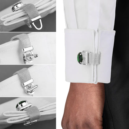 HAWSON Birthstone Crystal Cufflinks for Men Silver Luxury with Chain Wedding Birthday Christmas Gift