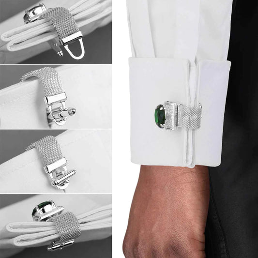 HAWSON Birthstone Crystal Cufflinks for Men Silver Luxury with Chain Wedding Birthday Christmas Gift