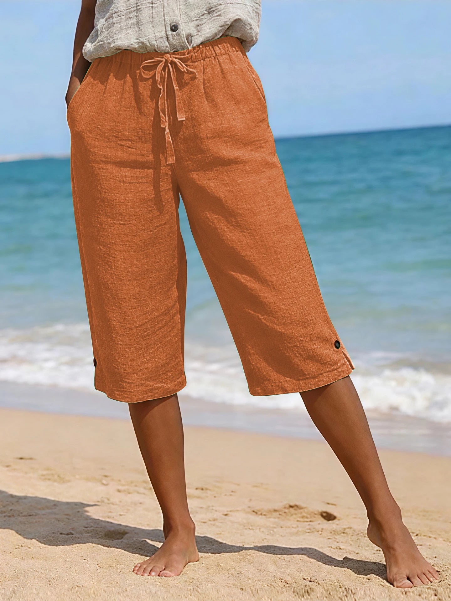 Women's Solid Color Cotton Linen Loose Fit Belted Front & Back Multiple Pockets Capri Pants