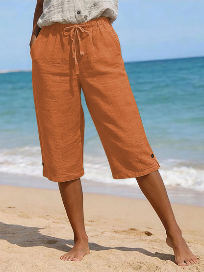 Women's Solid Color Cotton Linen Loose Fit Belted Front & Back Multiple Pockets Capri Pants