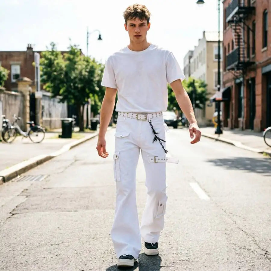 Mens White Cargo Jeans High Waist Wide Leg Flared Work Pants Casual Denim