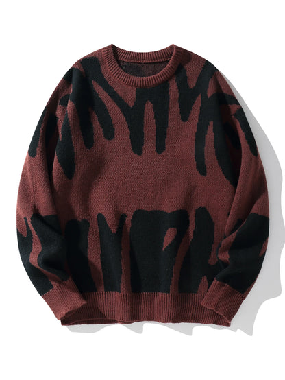 New Trendy Autumn and Winter Irregular Jacquard Pattern Pullover Sweater Casual Round Neck Color-Blocking Knit Men's Pullover