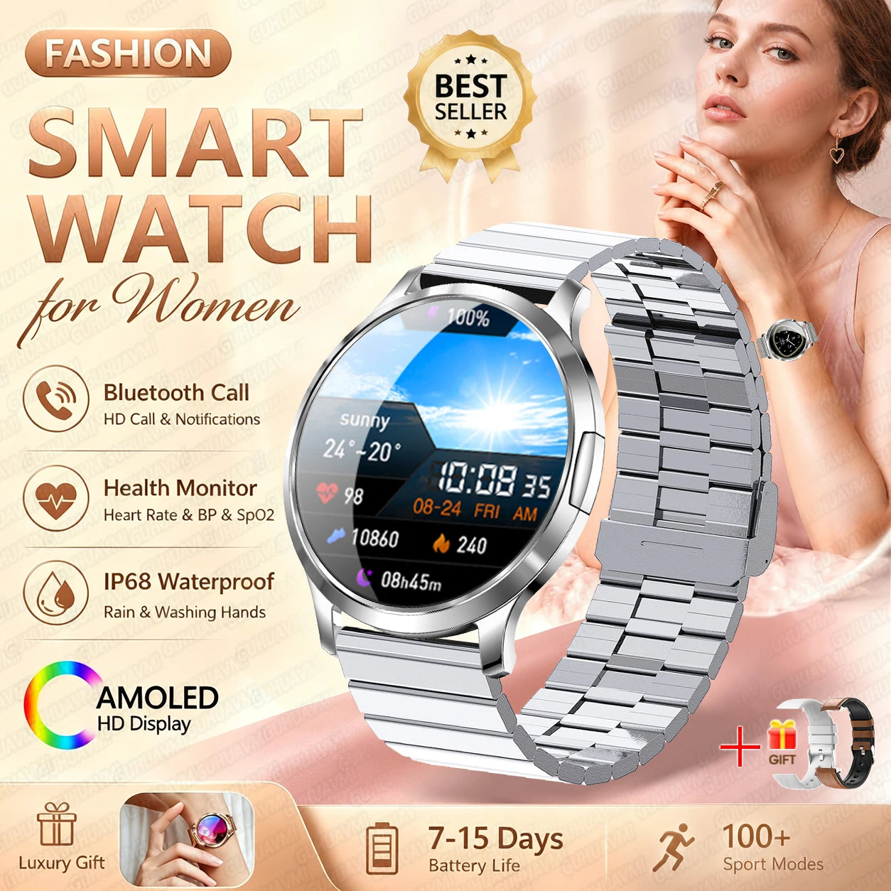 Fashion Women Smart Watch 1.32”AMOLED 100+dials Heart Rate Blood Oxygen Blood Pressure Monitoring Waterproof Give a Gift 2026New