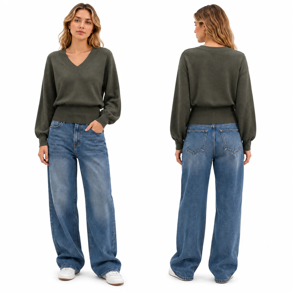 Batwing Sleeve V‑Neck Sweater for Women, Dolman Long Sleeve Ribbed Hem Cropped Knit Pullover, Loose Fit Casual Soft Knitted Jumper for Daily Office Fall Winter