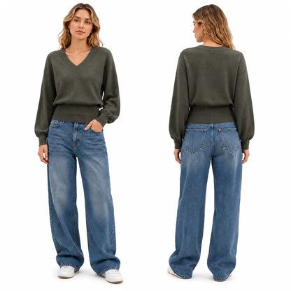 Batwing Sleeve V‑Neck Sweater for Women, Dolman Long Sleeve Ribbed Hem Cropped Knit Pullover, Loose Fit Casual Soft Knitted Jumper for Daily Office Fall Winter