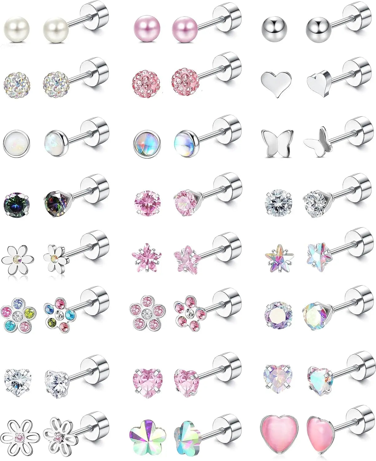 24Pairs Stainless Steel Stud Earrings for Women CZ Screw Back 4mm Tiny Flat Back Studs Cute Dainty Jewelry Gift Set 16G 18G