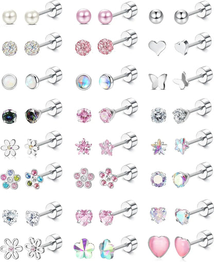 24Pairs Stainless Steel Stud Earrings for Women CZ Screw Back 4mm Tiny Flat Back Studs Cute Dainty Jewelry Gift Set 16G 18G
