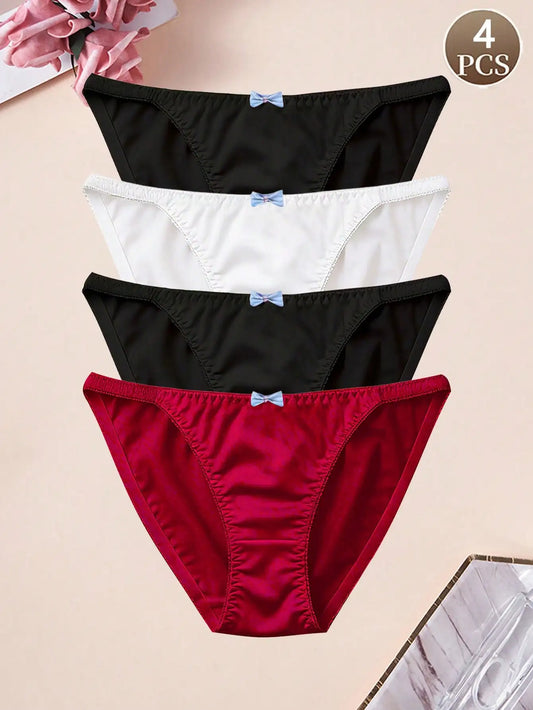4pcs women's sweet bow low waist triangle underwear, soft and comfortable solid color women's daily bikini underwear,