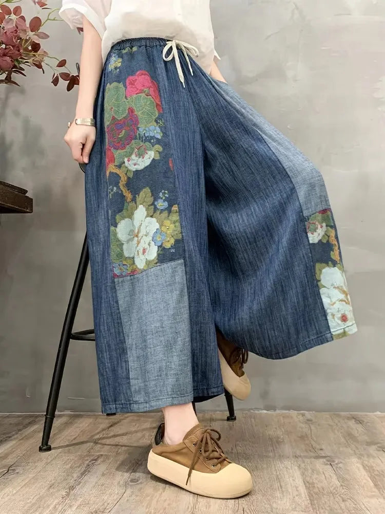Amax luluE 2024 Summer Womens Fashion Denim Printed Plus Size Wide Leg Pants Ladies Casual Loose Floral Jeans Classic Trousers