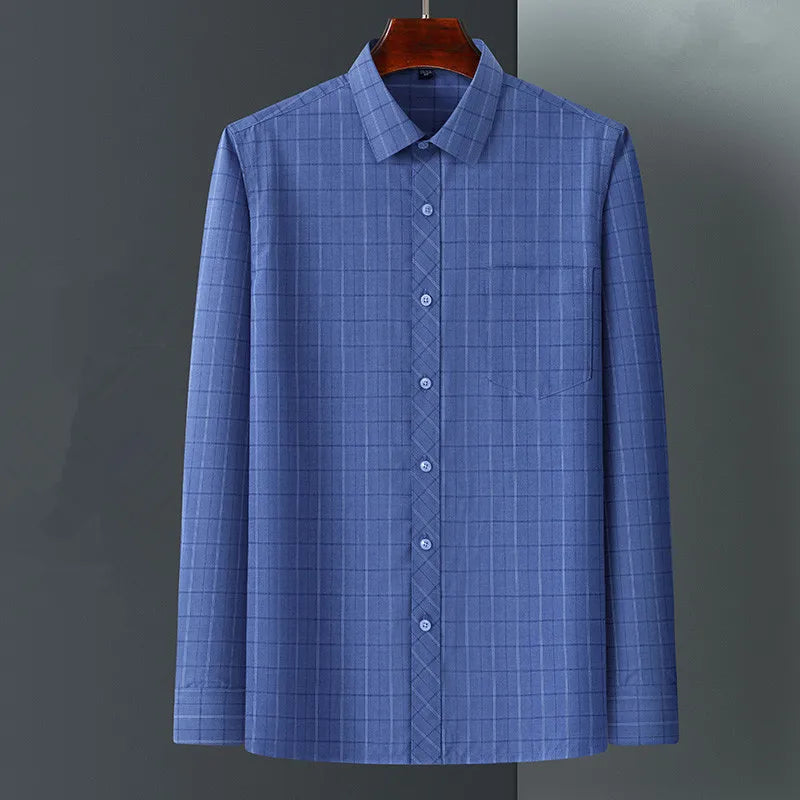Bamboo Fiber Mens Business Shirt Long Sleeve Casual Plaid Print Stripe Fashion Anti-Wrinkle Button Up Social Oversized S-7XL 5XL